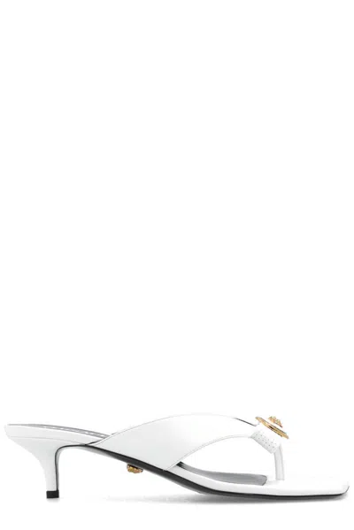 Versace Women's Slip On Embellished Mid Heel Sandals In Optical White
