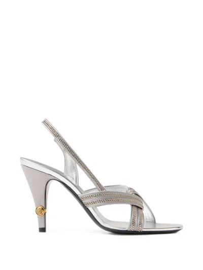 Versace Gianni Embellished Nappa & Satin Slingbacks 90 Mm In Silver