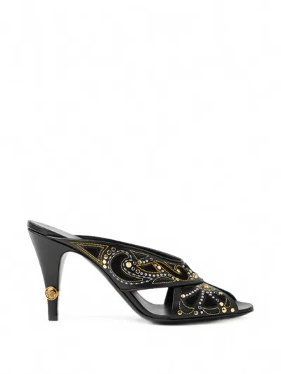 Versace Gianni Embroidered Leather Mules 90 Mm In Multi
