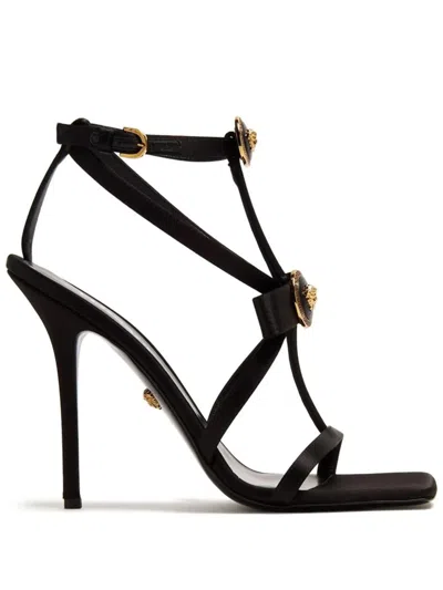 Versace Gianni Ribbon 110mm Satin Sandals In Black