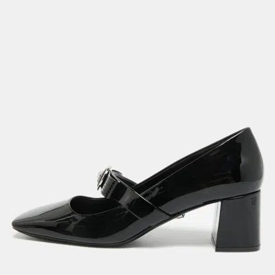 Pre-owned Versace Gianni Ribbon 55 Size 39 Black Patent Leather Block Heel Pumps