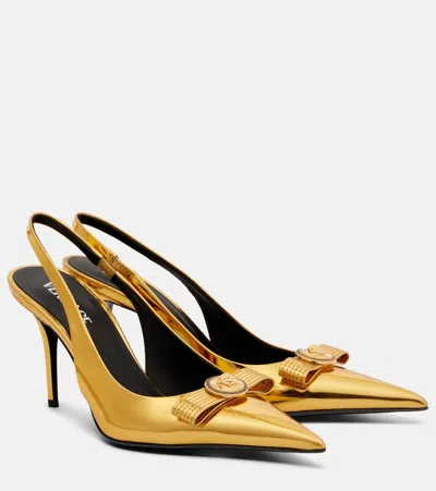 Versace Gianni Ribbon 85 Leather Slingback Pumps In Gold