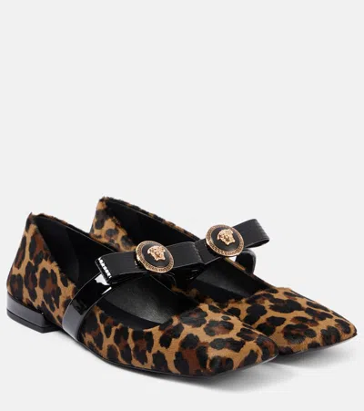 Versace Gianni Ribbon Calf Hair Mary Jane Flats In Multi