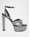 Versace Gianni Ribbon Crystal Leather Platform Sandals In Gray
