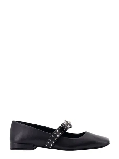 Versace Gianni Ribbon Leather Ballerina Flats With Studded Bow In Black