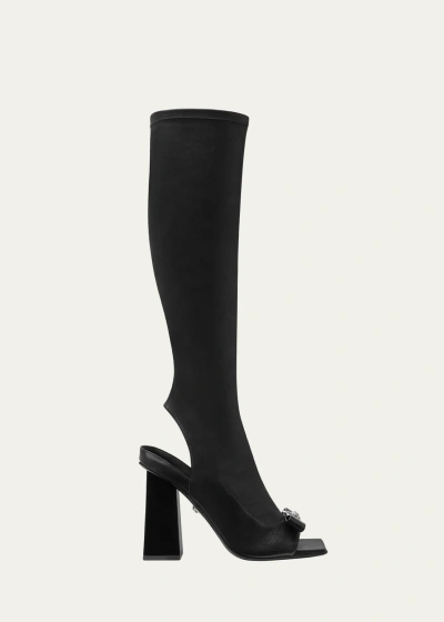 Versace Gianni Ribbon Leather Open-toe Boots In Black Palladium