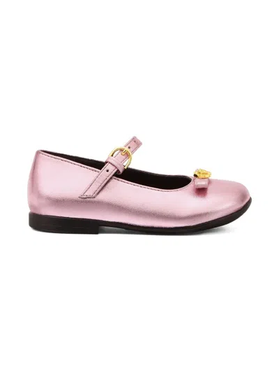 Versace Kids' Gianni Ribbon Metallic Leather Ballet Flats In Pink