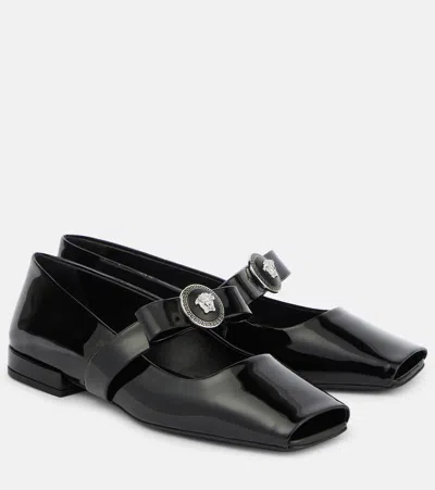 Versace Gianni Ribbon Patent Leather Ballet Flats In Black