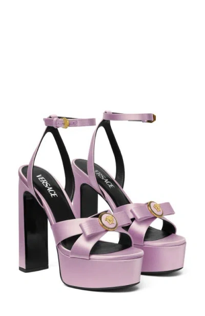 Versace Gianni Ribbon Platform Sandal In Dusty Lavender- Gold