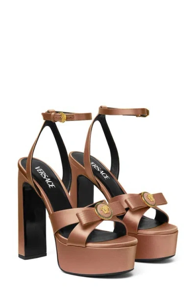 Versace Gianni Ribbon Platform Sandal In Fudge- Gold