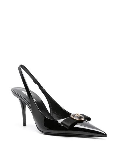 Versace Gianni Ribbon Pumps With 85mm Back Strap In Black/ Gold