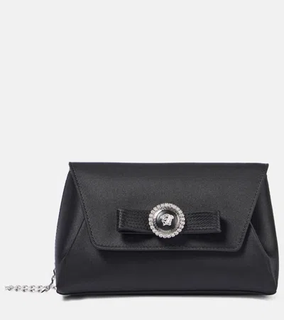 Versace Gianni Ribbon Satin Evening Clutch In Black+silver