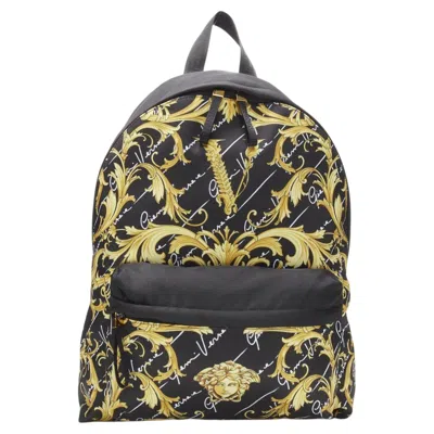 Pre-owned Versace Gianni Signature Black Gold Barocco Virtus Medusa Nylon Backpack Bag