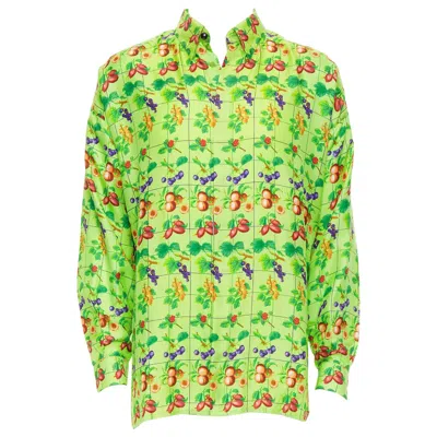 Pre-owned Versace Gianni  1990's Vintage Neon Green Fruit Print Silk Shirt It48 M