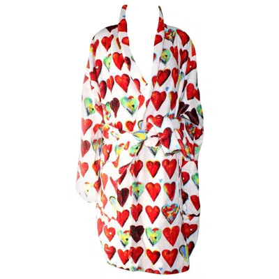 Pre-owned Versace Gianni  1990s Hearts Print Terrycloth Terry Towel Bathrobe Coat Robe M In Sand