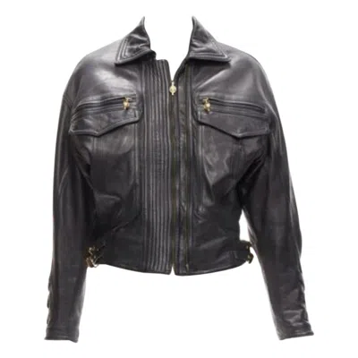 Pre-owned Versace Gianni  1992 S&m Black Leather Gold Bondage Buckle Bomber It38 Xs