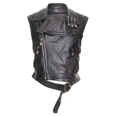 Versace Gianni  1994 Vintage Leather Medusa Safety Pin Biker Vest It38 Xs In Black