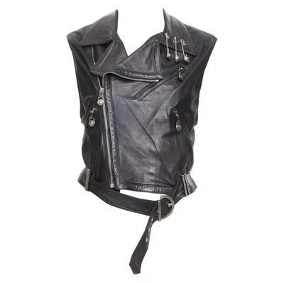 Pre-owned Versace Gianni  1994 Vintage Leather Medusa Safety Pin Biker Vest It38 Xs In Black