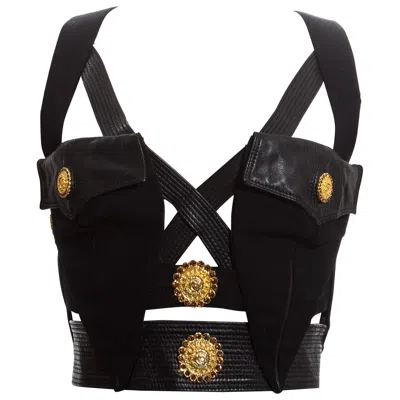 Pre-owned Versace Gianni  Black And Gold Leather Bondage Medusa Vest, Fw 1992