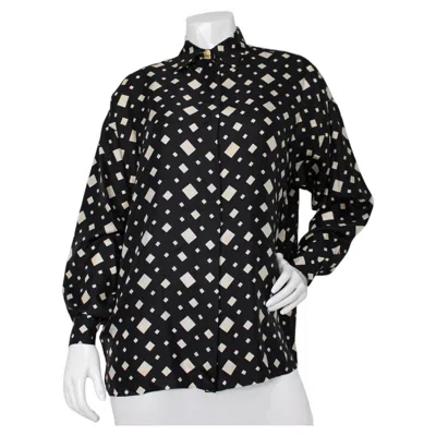 Pre-owned Versace Gianni  Black & Ivory Geometric Print Vintage Silk Blouse In White