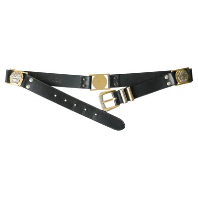 Pre-owned Versace Gianni  Black Leather And Gold Medusa Emblem Belt Size 80/32