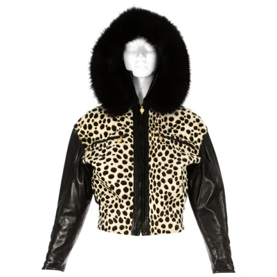 Pre-owned Versace Gianni  Black Leather And Pony Hair Bomber Jacket With Fur Hood, Aw 1992
