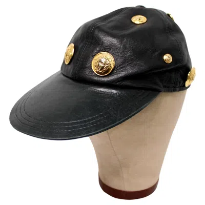 Pre-owned Versace Gianni  Black Leather Baseball Cap With Medusa Medallions Circa 1990s