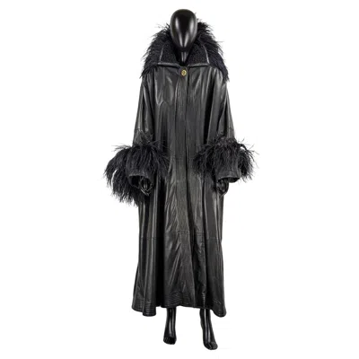 Pre-owned Versace Gianni  Black Leather Coat With Ostrich Feathers