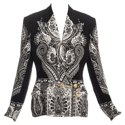 Pre-owned Versace Gianni  Black Paisley Printed Silk Safety-pin Jacket, Ss 1994