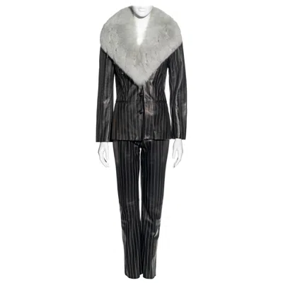 Pre-owned Versace Gianni  Black Pinstripe Leather And Fox Fur Trouser Suit, Fw 1998