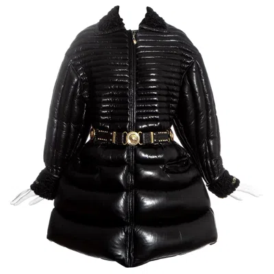 Pre-owned Versace Gianni  Black Quilted Down Leather Dress Coat And Belt, Fw 1992