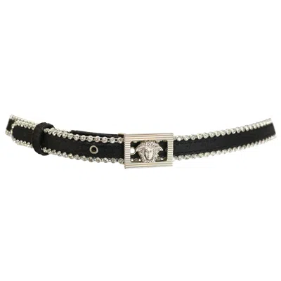 Pre-owned Versace Gianni  Black Satin And Rhinestone With Medusa Buckle Belt