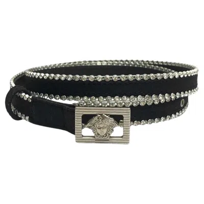 Pre-owned Versace Gianni  Black Silk And Rhinestone With Medusa Buckle Belt