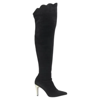 Pre-owned Versace Gianni  Black Suede Scalloped Topline Gold Heel Knee High Boot Eu37