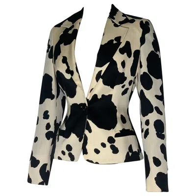 Pre-owned Versace Gianni  Black/white Cow Print Wool Gabardine Jacket W Single Button In Sand