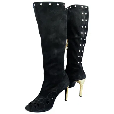 Pre-owned Versace Gianni  Boots In Suede And Swarovski Rhinestone Circa 2000 In Black