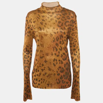 Pre-owned Versace Gianni  Brown Leopard Print Lurex Knit Pullover Xl In Gold