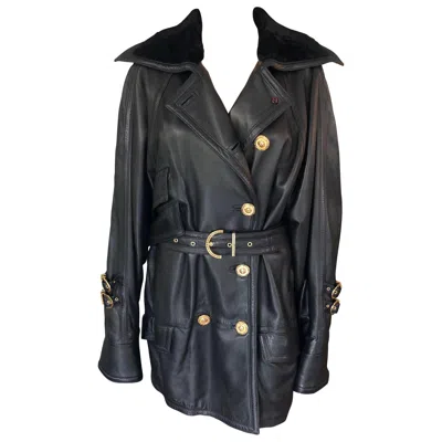 Pre-owned Versace Gianni  C. 1990 Bondage Leather Belted Knee-length Black Jacket Coat