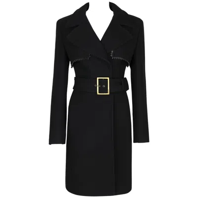 Pre-owned Versace Gianni  C.1990's Couture Black Wool Belted Coat Leather Zig Zag Trim