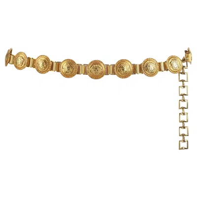 Pre-owned Versace Gianni  C.1990's Gold Metal Medusa Emblem Chain Coin Link Clasp Belt In Brown