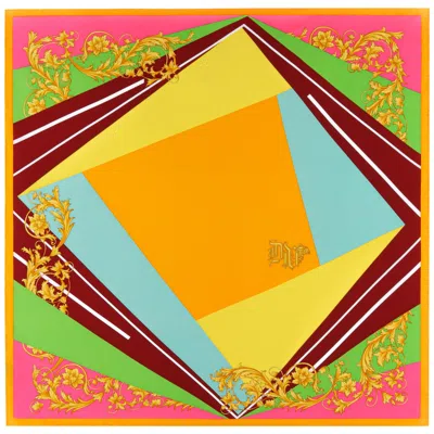 Pre-owned Versace Gianni  C.1990s Abstract Op Art Color Block Dv Initials Silk Square Scarf In Orange
