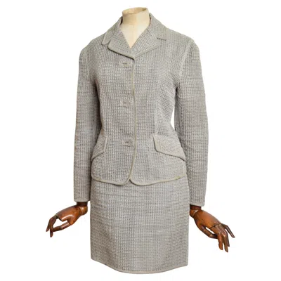 Pre-owned Versace Gianni  C.1994 Grey Woven Leather Jacket & Mini Skirt Suit Set In Gray