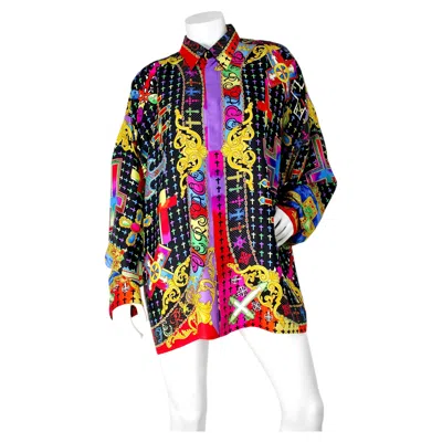 Pre-owned Versace Gianni  Couture Barocco Crucifix Silk Print Button-up Shirt Circa 1990s In Beige