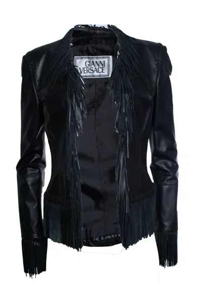 Versace Gianni  Couture, Leather Jacket With Fringes In Black