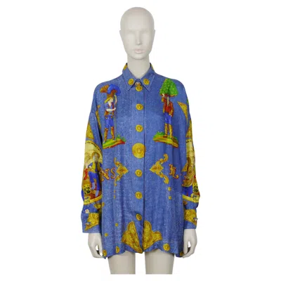 Pre-owned Versace Gianni  Couture Vintage Men's Blue Jeans Trompe L'oeil Printed Silk Shirt