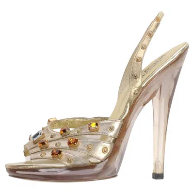 Pre-owned Versace Gianni  Crystal Embellished Gold Leather Plexiglass Platform Shoes 37 Nwt