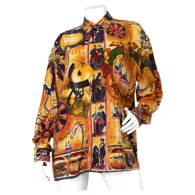Pre-owned Versace Gianni  Europa Cartography Silk Print Button-up Shirt Circa 1990s In Brown