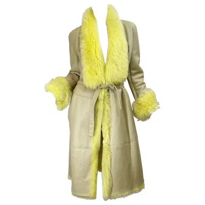 Pre-owned Versace Gianni  Fall 2000 Tan Leather Yellow Shearling Fur Vintage Coat Jacket