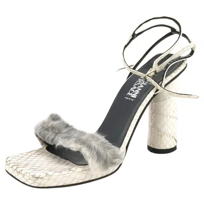 Pre-owned Versace Gianni  Fur And Water Snake Leather Heel Sandals