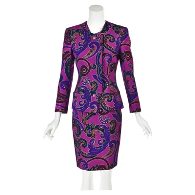Pre-owned Versace Gianni  Fw 1991/92 Wool Ottoman Skirt Suit In Fuchsia Baroque Print Sz Xs In Purple